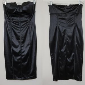 PLT Bodycon Black Shape Satin Strapless Seaming Midi Dress Size 12